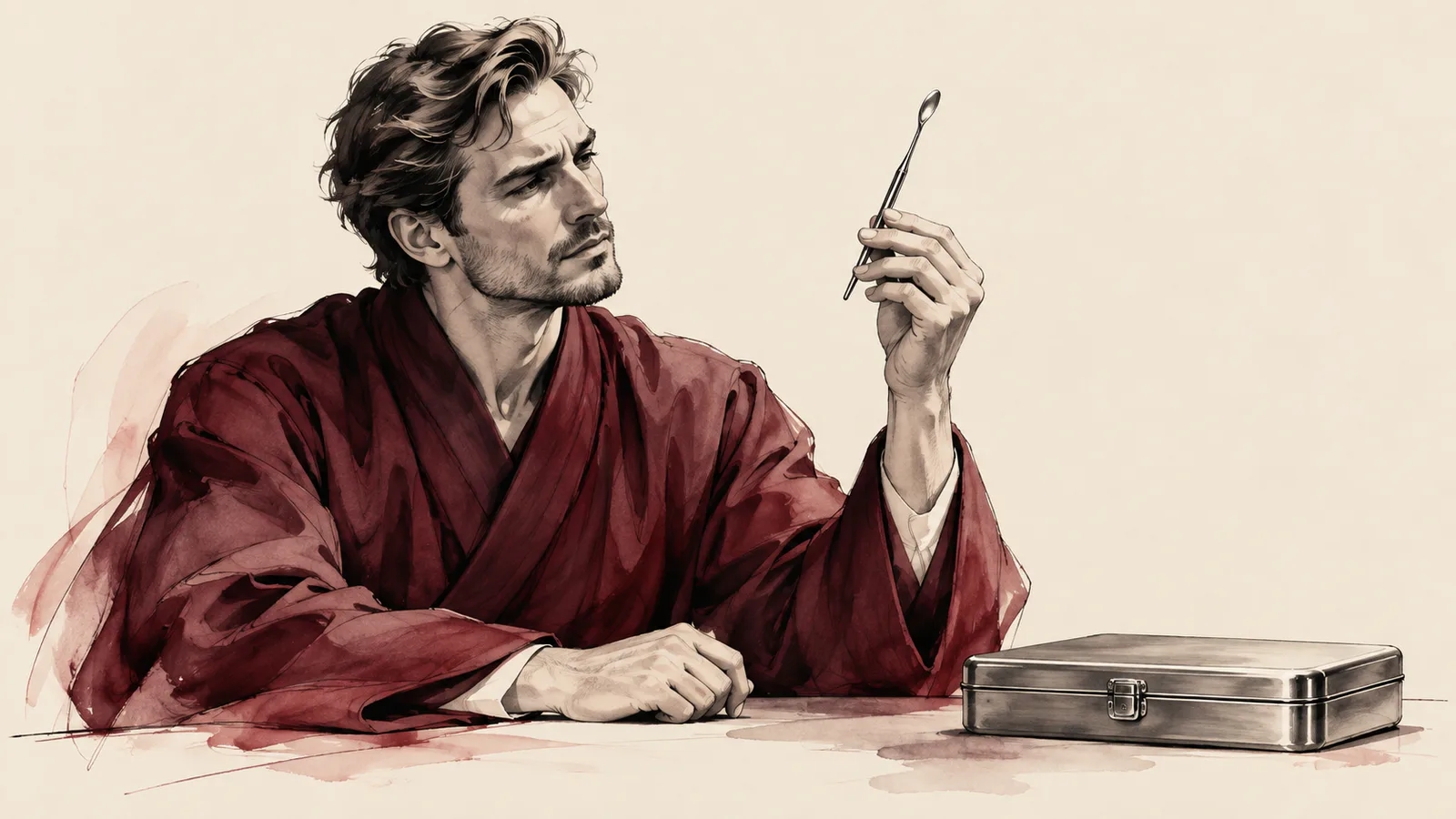Adult man cautiously examining a medical instrument beside a closed case